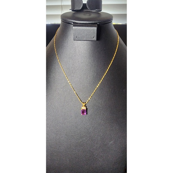 Jewelry - Gold‎ Tone Emerald Cut Purple Stone Pendant Necklace Twisted Rope Chain 18 Inch